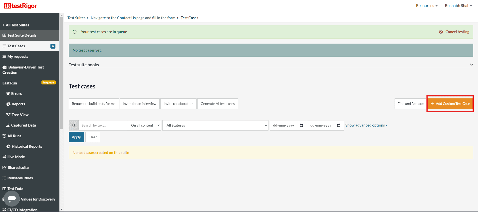 TestRigor dashboard showing custom test case creation with plain English test steps